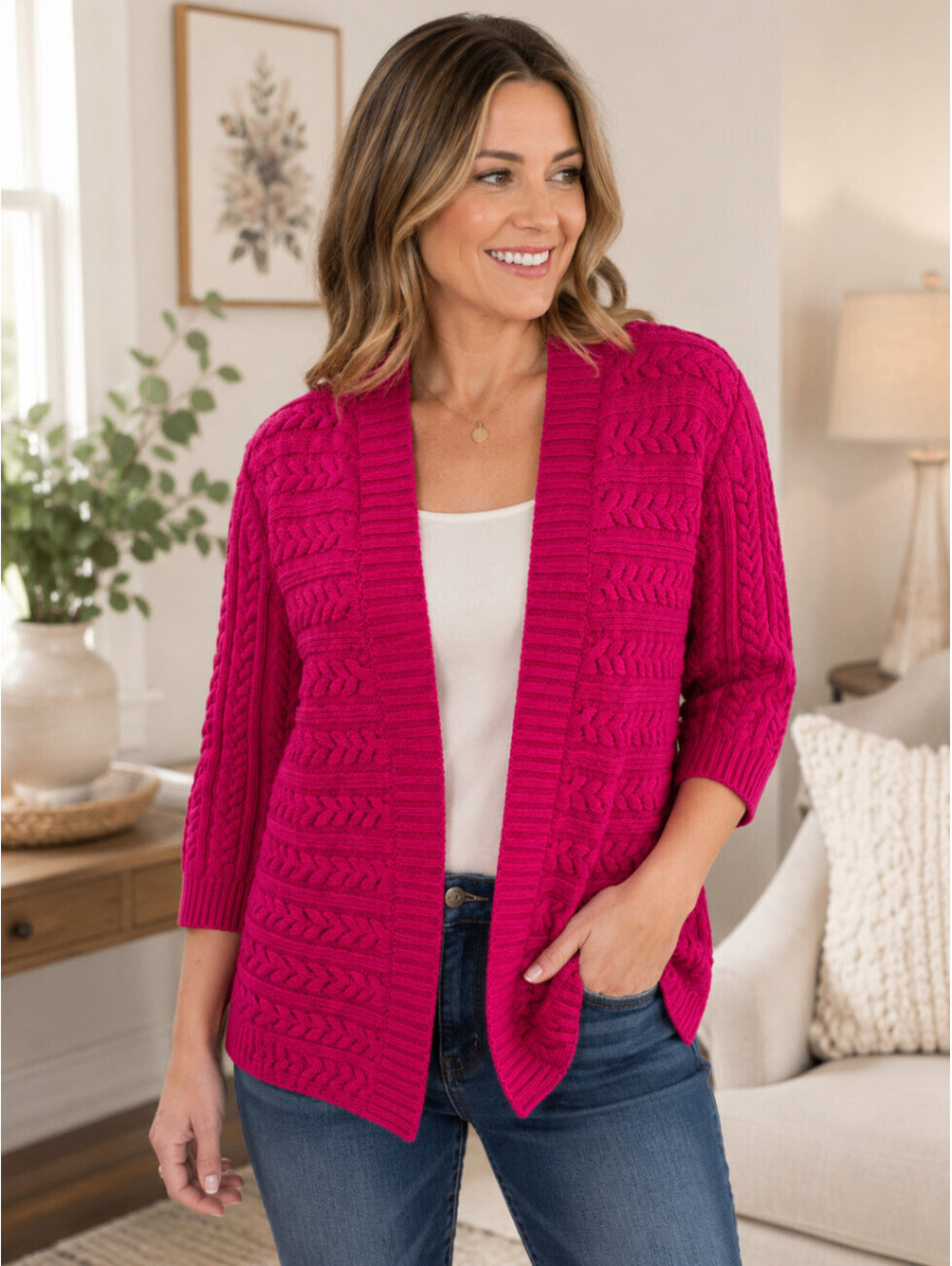 Talbots Petites MP Magenta Pink Cable Knit Open Front Cardigan Sweater